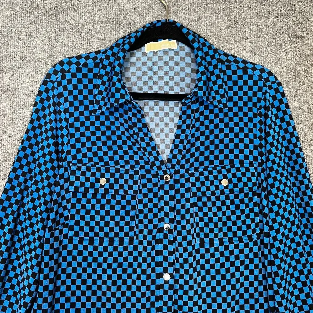 Michael Kors Shirt Womens XL Blue Black Checkered Button‎ Up Stretch Casual